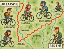 erstelle eine fahrradkarte von bad laasphe bis bad ems mit lustigen radfahrern
