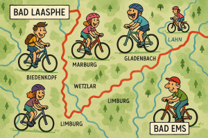 erstelle eine fahrradkarte von bad laasphe bis bad ems mit lustigen radfahrern